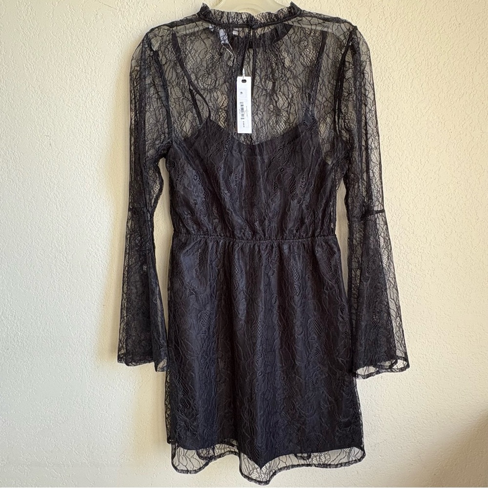 NWT Steve Madden Sheer Black Lace Bell Sleeve Dress with Ruffle Detail, Sz. Sm